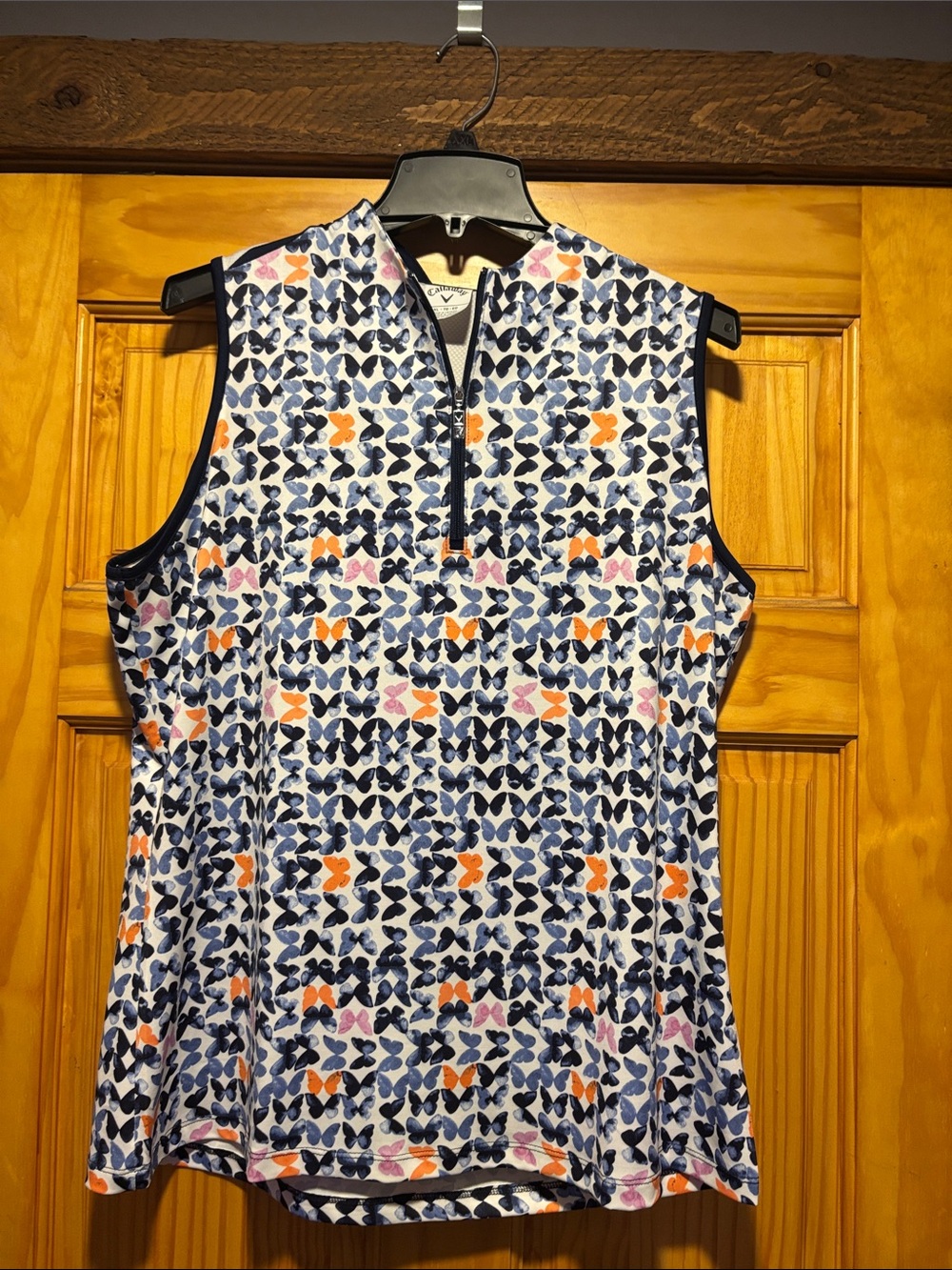 Callaway Navy Orange Pink Butterfly Print Sleeveless Zip Mock Neck Tank